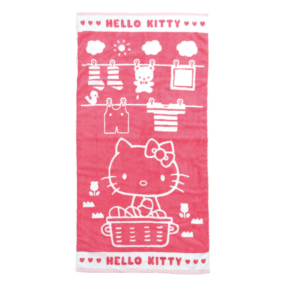 凱蒂貓-雙色提花浴巾-曬衣服