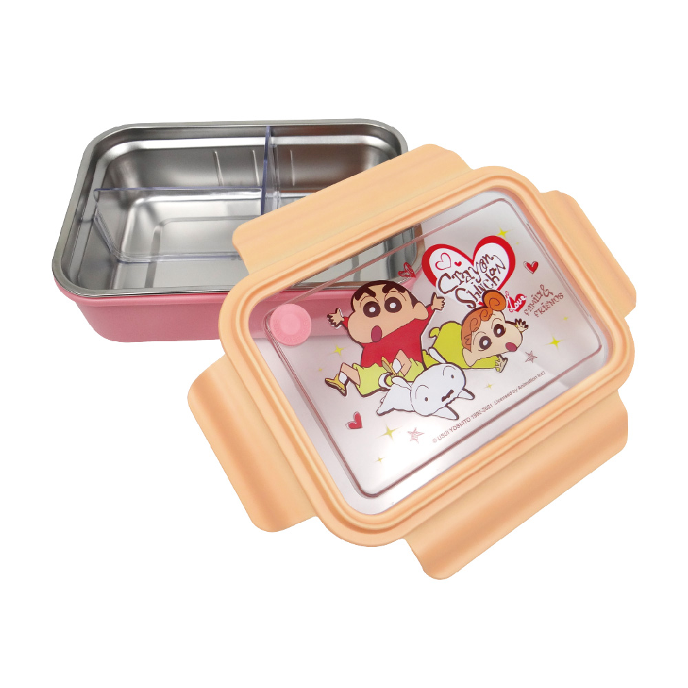 蠟筆小新-三格不鏽鋼隔熱便當盒-橘粉