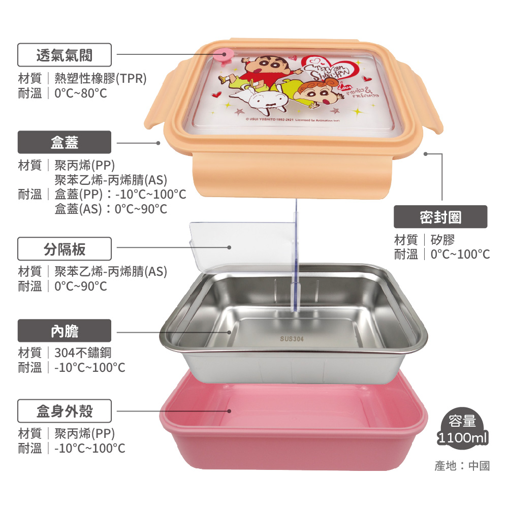 蠟筆小新-三格不鏽鋼隔熱便當盒-橘粉